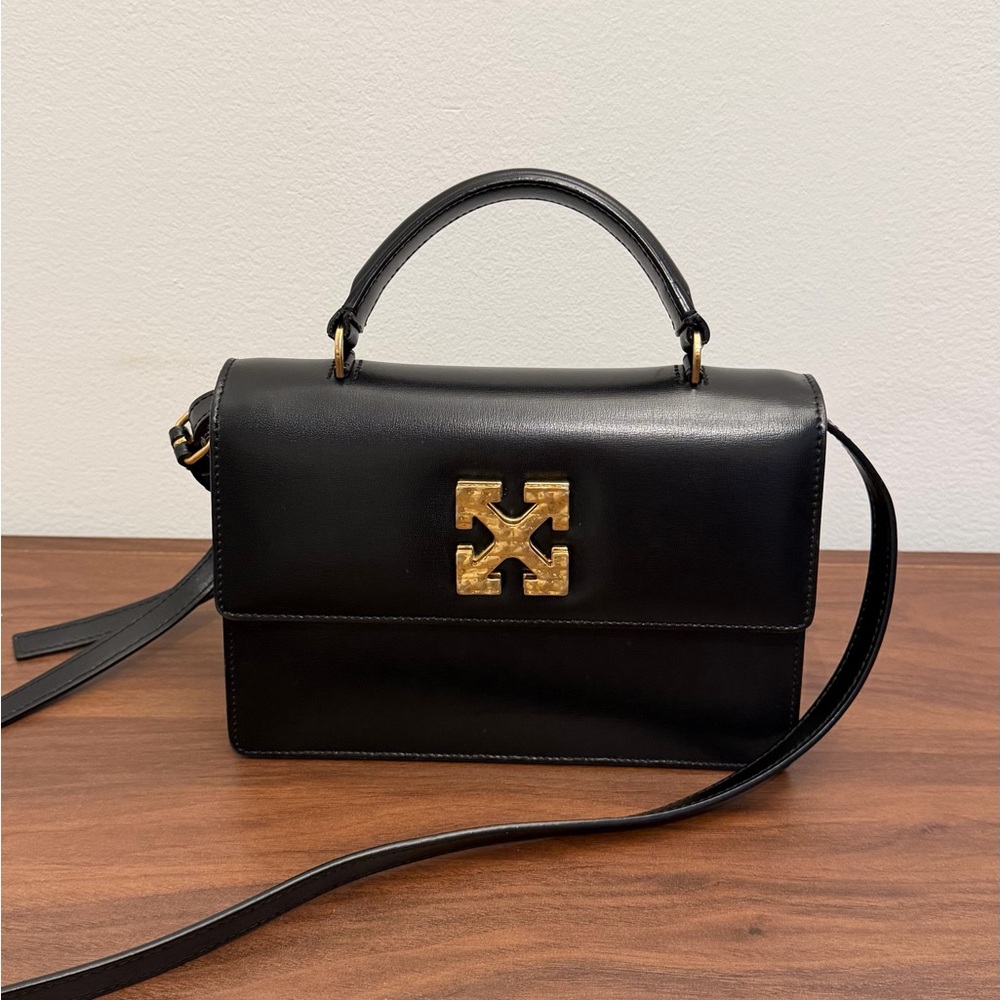 Black Leather Top-Handle Crossbody Bag with Gold Accent